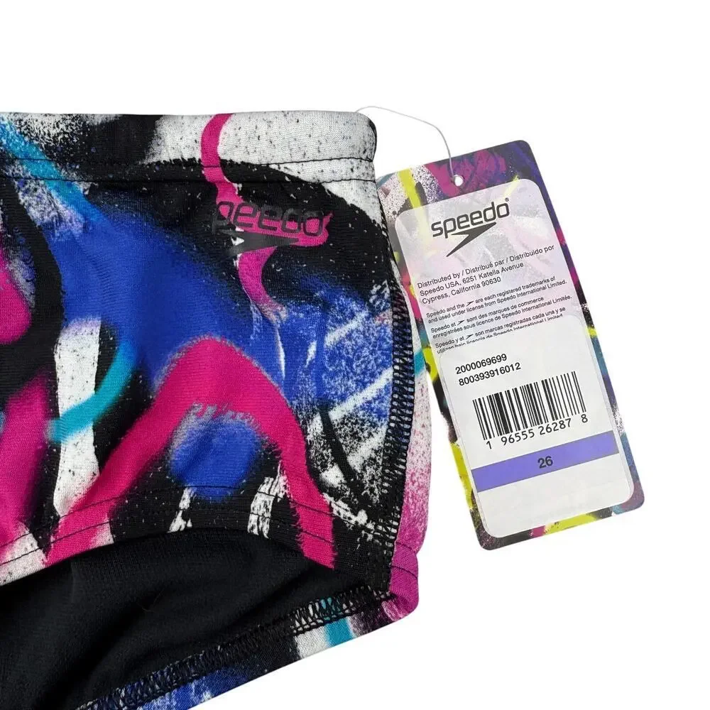 NWT SPEEDO Men's Printed Euro Swim Bottom Brief Blue/Pink/Yellow Size 26